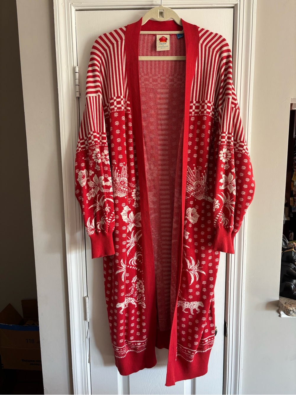 FARM Rio Red and White Floral Open-Front Longline Cardigan